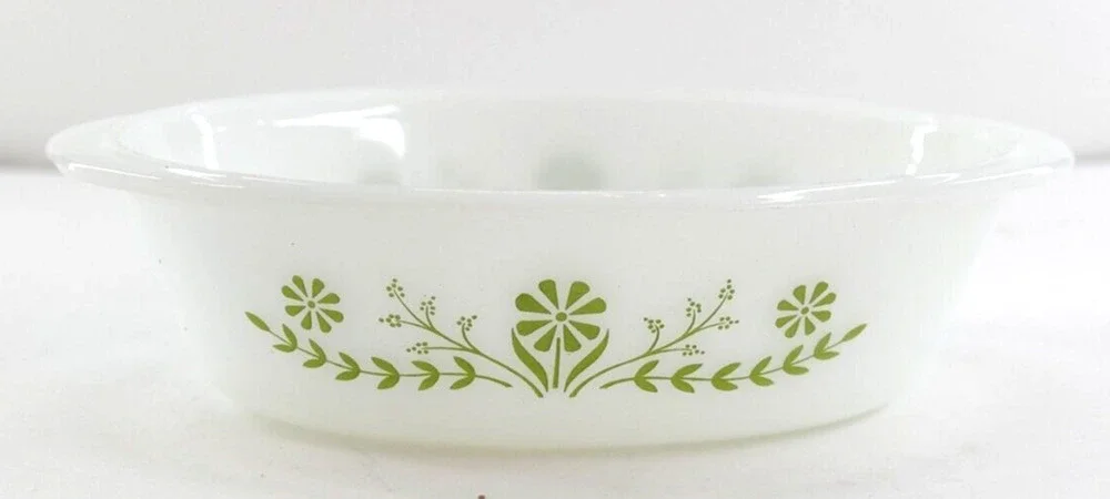 Glasbake White Glass Green Daisy Flower Casserole Dish 1 Quart Oval J235 Vintage
